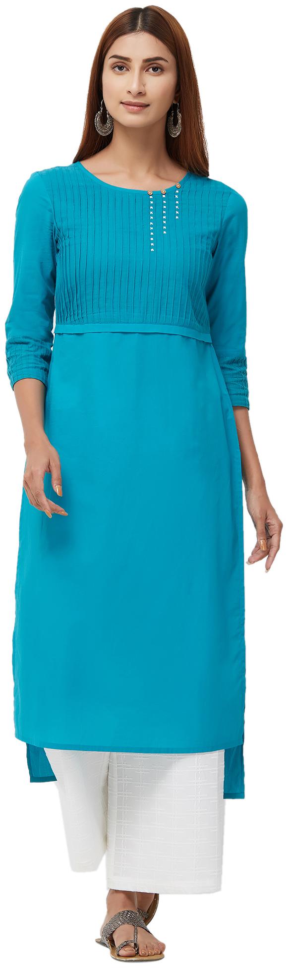 

NAARI Turq 3 4th Sleeve 80 S Cotton Fabric Solid Kurti For Women