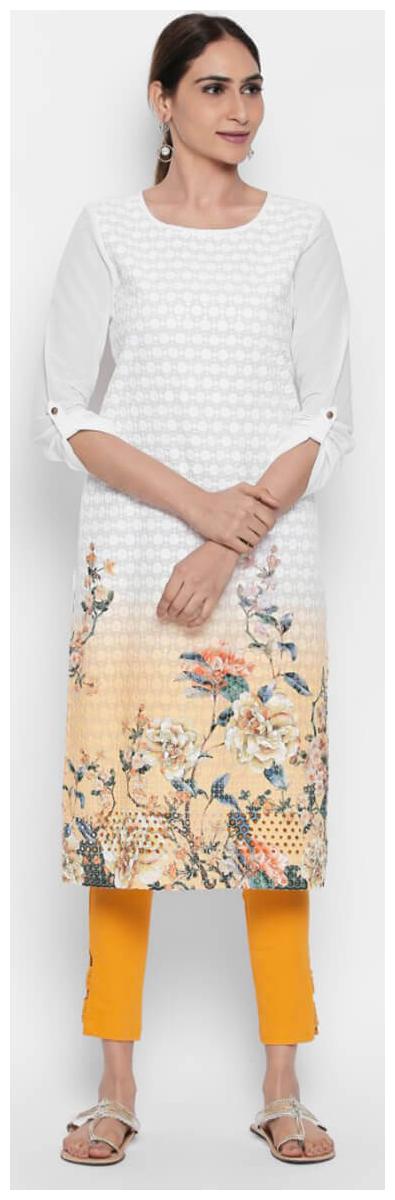

NAARI White 3 4 Sleeve Cotton Cambric Fabric Embroidered Kurti For Women s