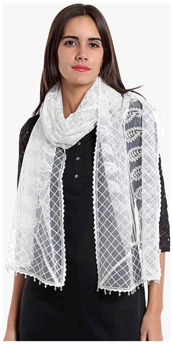 

NAARI White Rayon Embroidered Stole For Women s - (2 Meters)