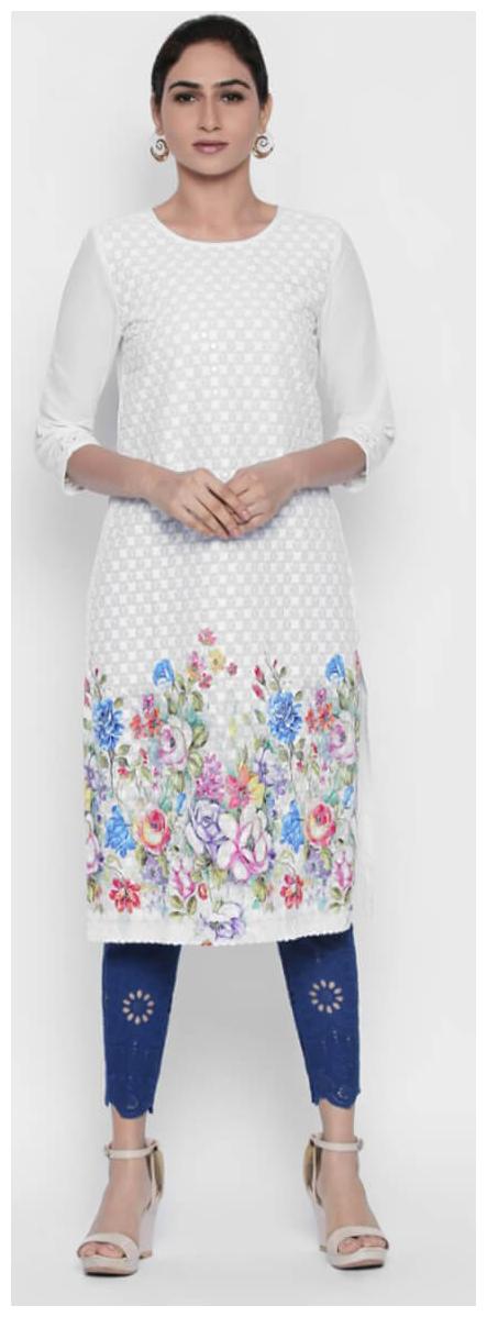 

NAARI White 3 4 Sleeve Cotton Cambric Fabric Embroidered Kurti For Women s