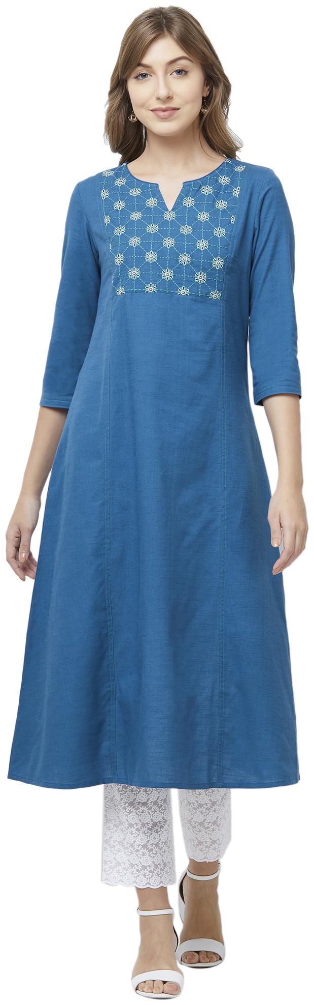 

NAARI Women Cotton Embroidered Blue Kurti