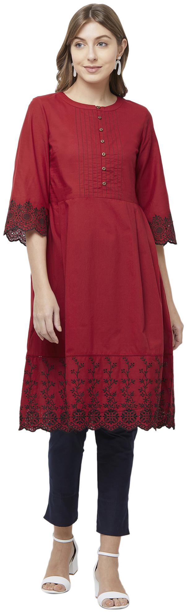 

NAARI Women Cotton Embroidered Red Kurti