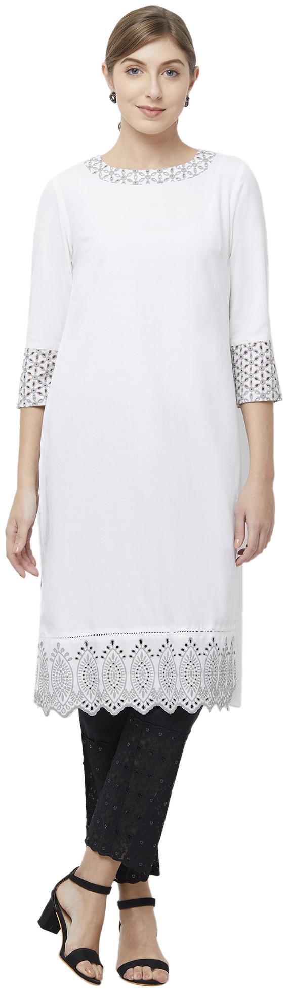 

NAARI Women White Embroidered Straight Kurti