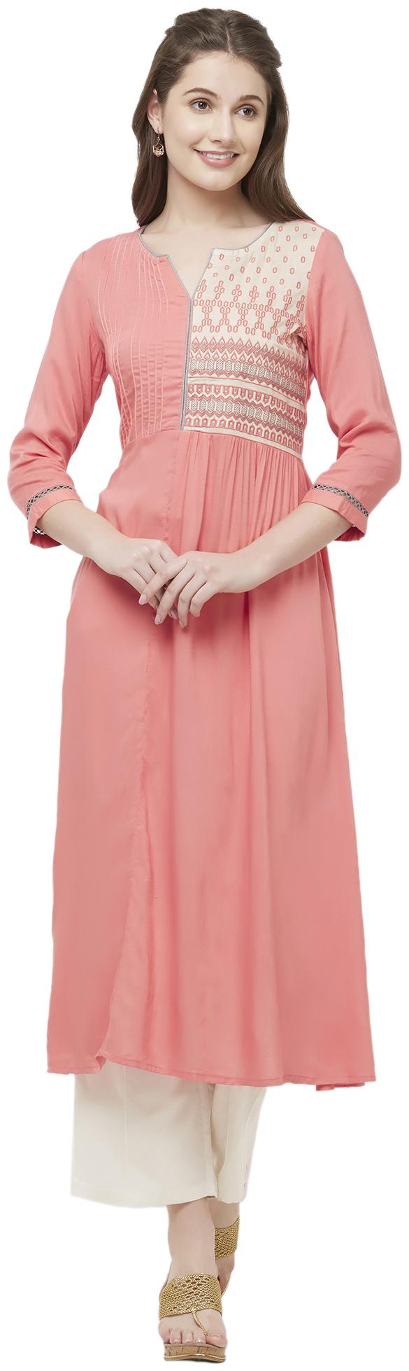

NAARI Women Rayon Embroidered Pink Kurti