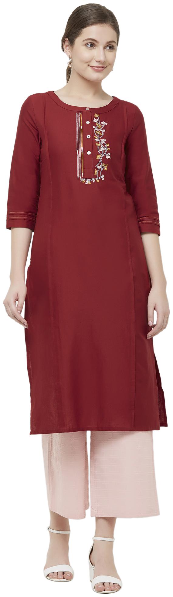 

NAARI Women Cotton Embroidered Maroon Kurti
