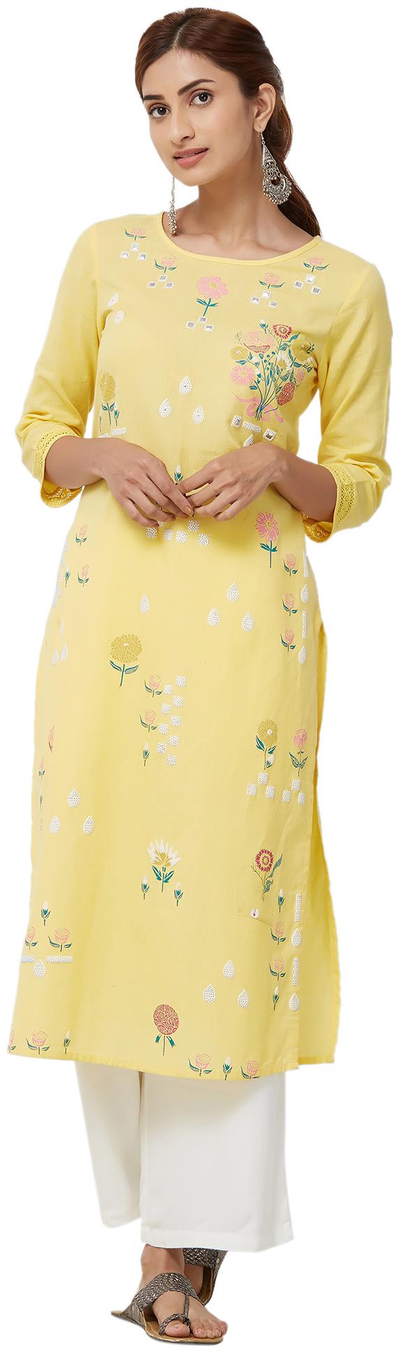 

NAARI Yellow 3 4th Sleeve Cotton Flex Fabric Solid Kurti For Women