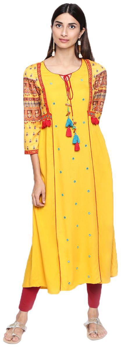 

NAARI Yellow 3 4 Sleeve Dull Satin Fabric Printed Kurti For Women s