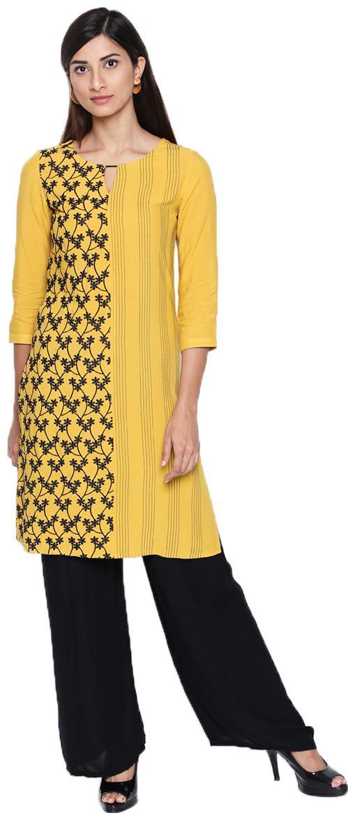 

NAARI Yellow 3 4 Sleeve Rayon Fabric Embroidered Kurti For Women s