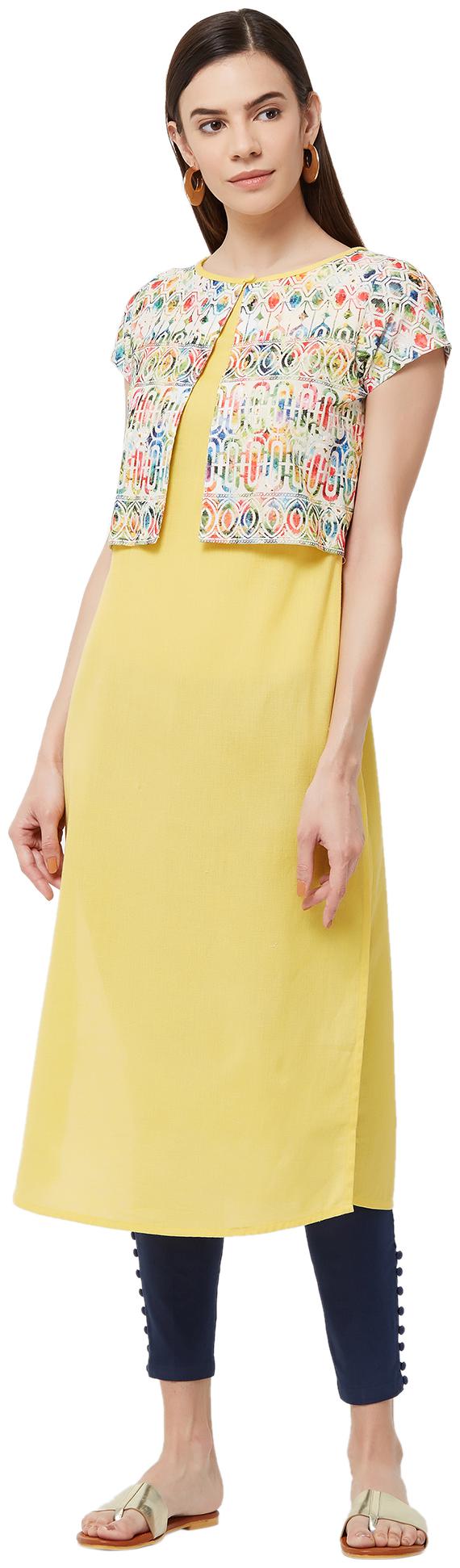 

NAARI Yellow Half Sleeves Cambric Fabric Embroidered Kurti For Women