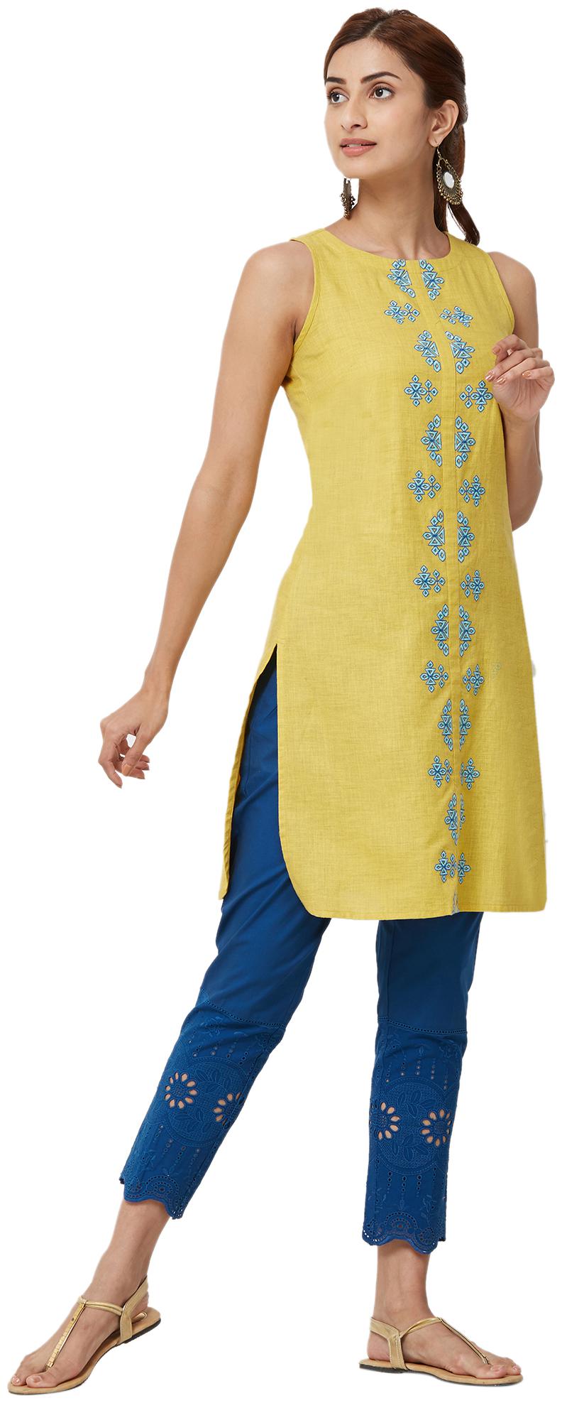 

NAARI Yellow Sleeveless Grey Twill Fabric Embroidery Kurti For Women