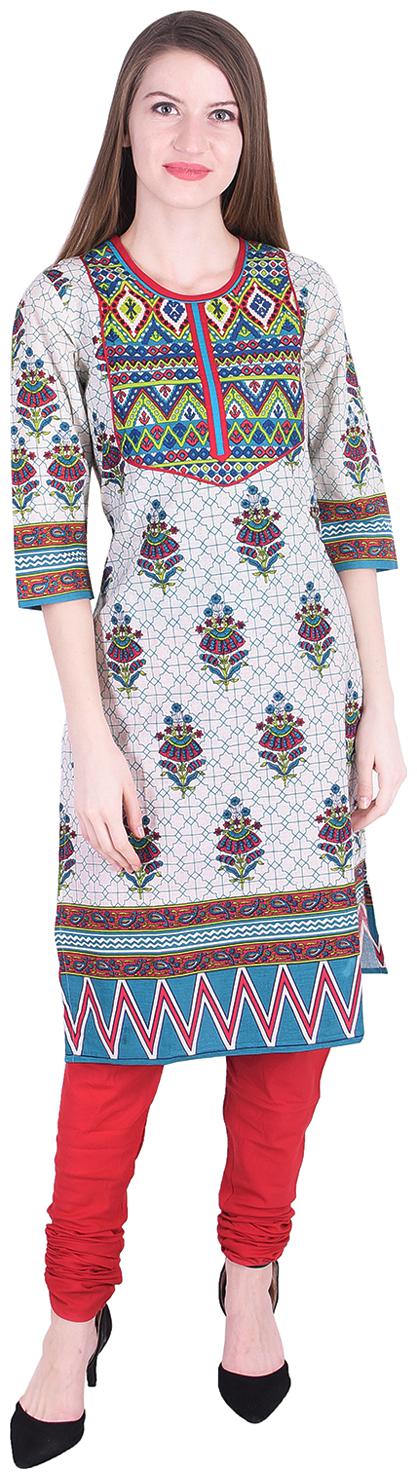 

Nascency Cotton Flax Printed Round Neck 3 4 Sleeves Straight Multicolor Casual and Party Wear Women Kurti With Churidar