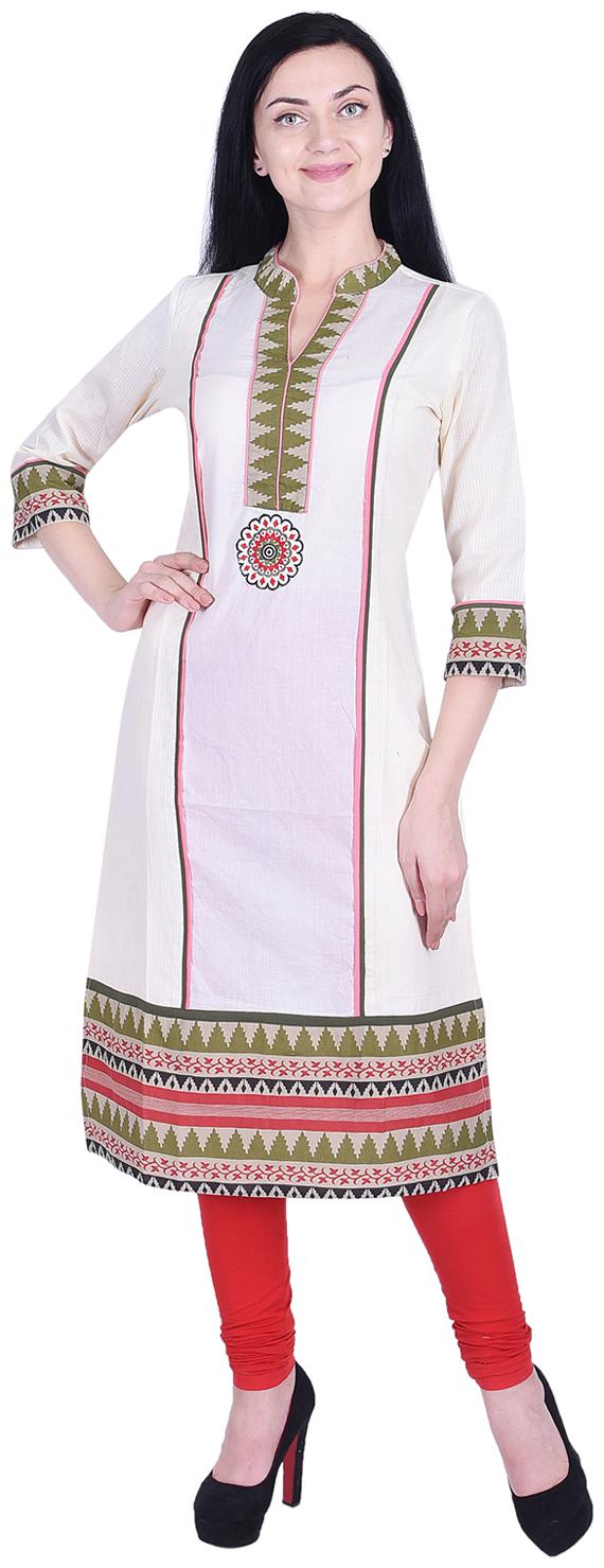 

Nascency Cotton Jacquard Solid Mandarin Collar 3 4 Sleeve Straight Off-White Casual and Party Wear Women Kurti