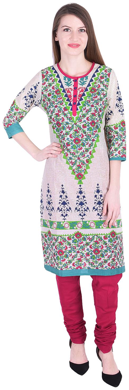 

Nascency Cotton Printed Round Neck 3 4 Sleeves Straight Multicolor Casual and Party Wear Women Kurti With Churidar