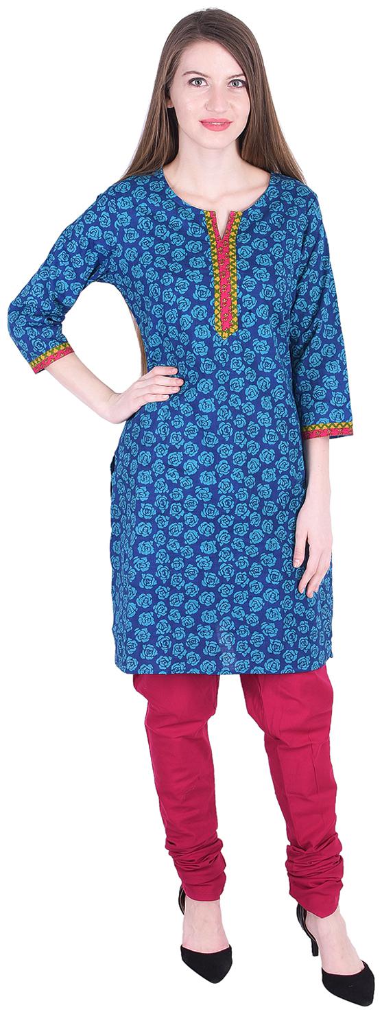 

Nascency Cotton Printed V-Neck 3 4 Sleeves Straight Turquoise Casual and Party Wear Women Kurti With Churidar
