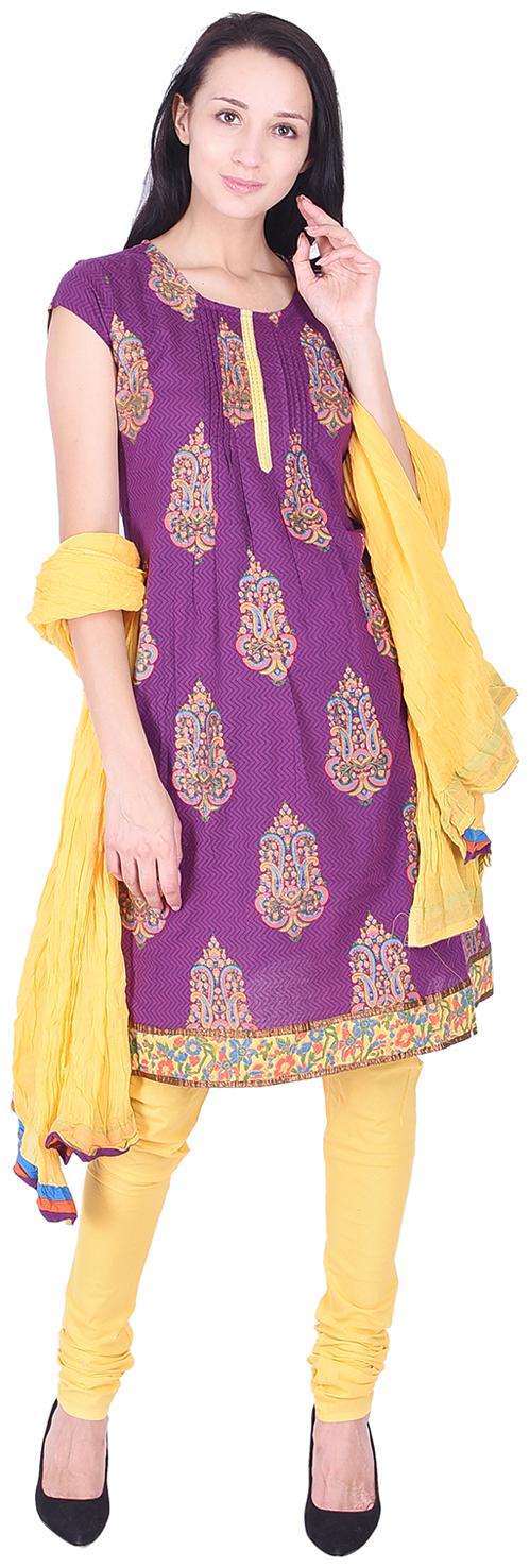 

Nascency Cotton Printed Round Neck Short Sleeve A-Line Purple Casual and Party Wear Women Kurti With Churidar With Dupatta