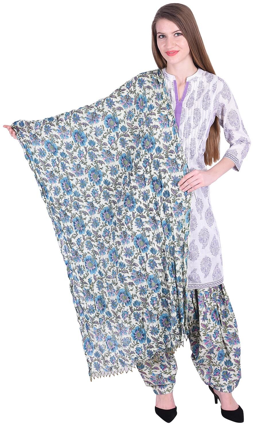 

Nascency Cotton Printed Mandarin Collar 3 4 Sleeve A-Line White Purple Casual and Party Wear Women Kurti With Patiala And Dupatta