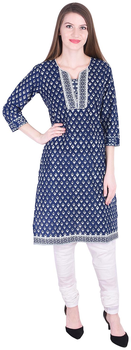 

Nascency Cotton Printed U-Neck 3 4 Sleeves Straight Blue White Casual and Party Wear Women Kurti With Churidar
