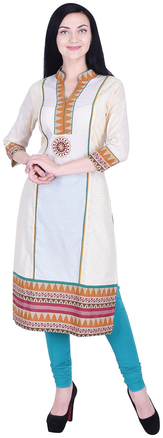 

Nascency Rayon Printed Mandarin Collar 3 4 Sleeve Straight Off-White Casual and Party Wear Women Kurti