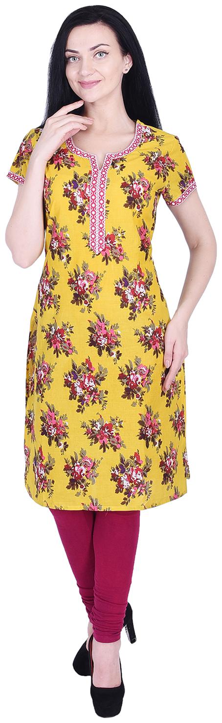 

Nascency Cotton Printed V-Neck Short Sleeves Straight Yellow Casual and Party Wear Women Kurti