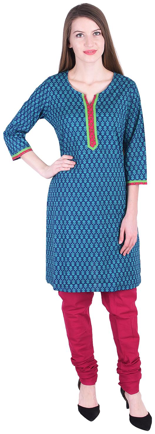 

Nascency Cotton Printed V-Neck 3 4 Sleeves Straight Turquoise Casual and Party Wear Women Kurti With Churidar