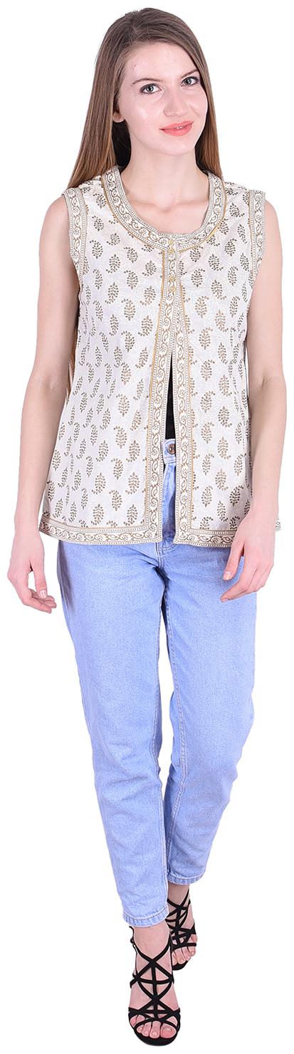 

Nascency Cotton Printed Round Neck Sleeveless Regular Off-White Casual and Party Wear Women Jacket