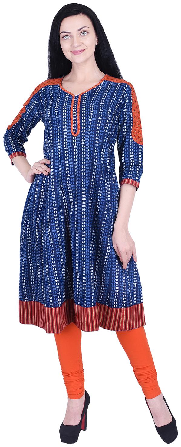 

Nascency Cotton Printed V-Neck 3 4 Sleeve Flared Blue Indigo Casual and Party Wear Women Kurti