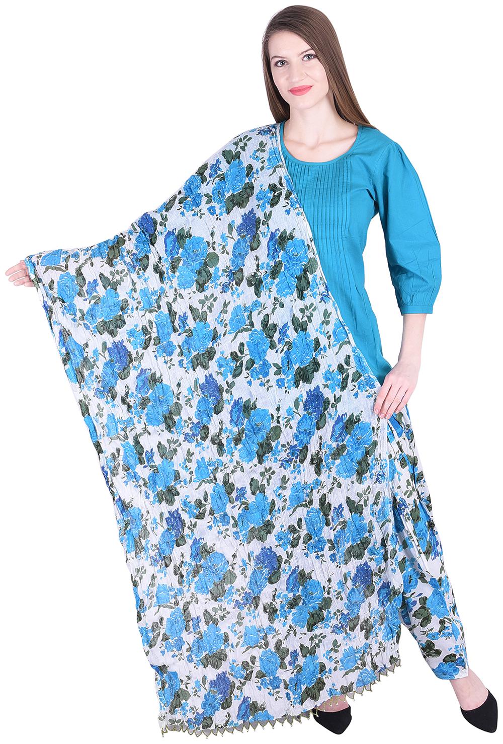 

Nascency Cotton Solid Round Neck 3 4 Sleeve Flared Turquoise Casual and Party Wear Women Kurti With Patiala And Dupatta