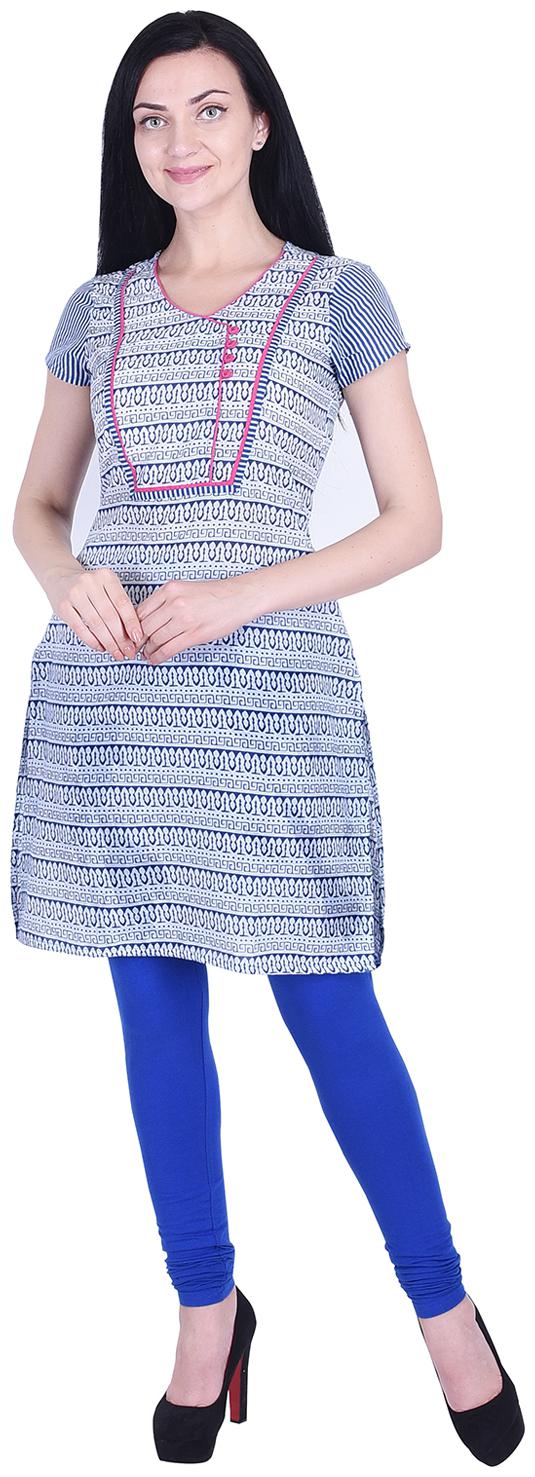 

Nascency Cotton Printed V-Neck Short Sleeves Straight Blue Casual and Party Wear Women Kurti