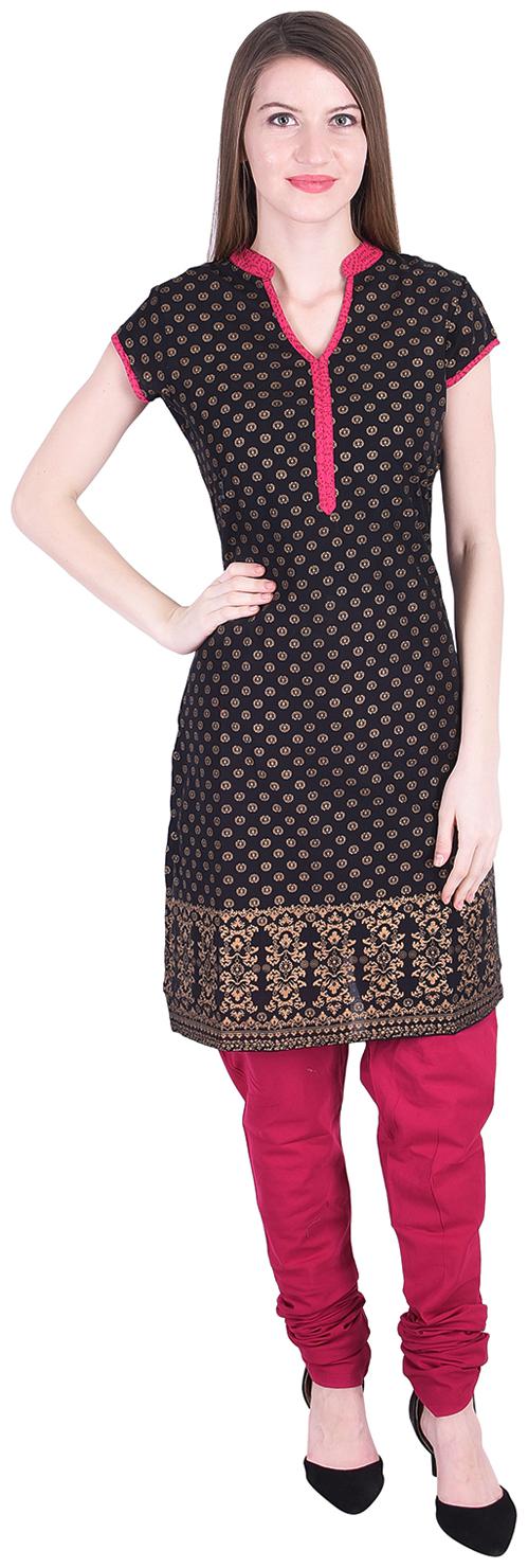 

Nascency Cotton Printed Chinese Collar Short Sleeves Straight Black Casual and Party Wear Women Kurti With Churidar