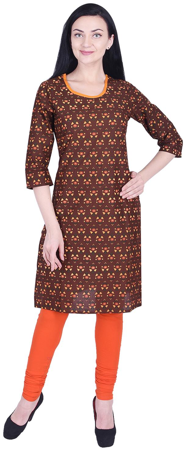 

Nascency Cotton Printed Round Neck 3 4 Sleeve Straight Brown Casual and Party Wear Women Kurti