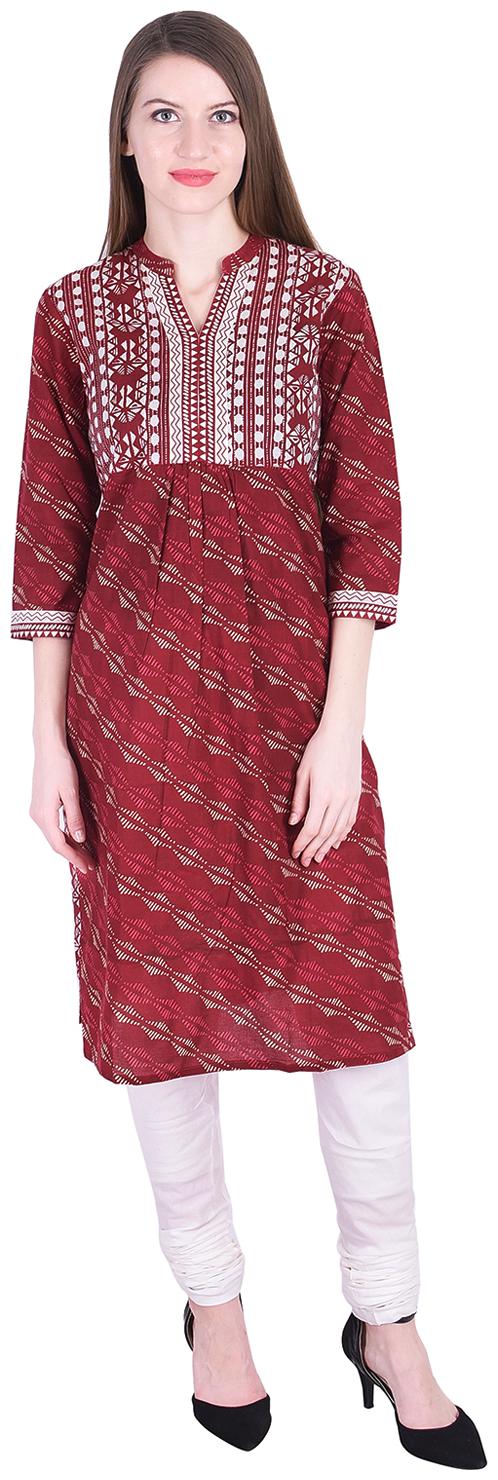

Nascency Cotton Printed Mandarin Collar 3 4 Sleeve Straight Maroon Casual and Party Wear Women Kurti With Churidar