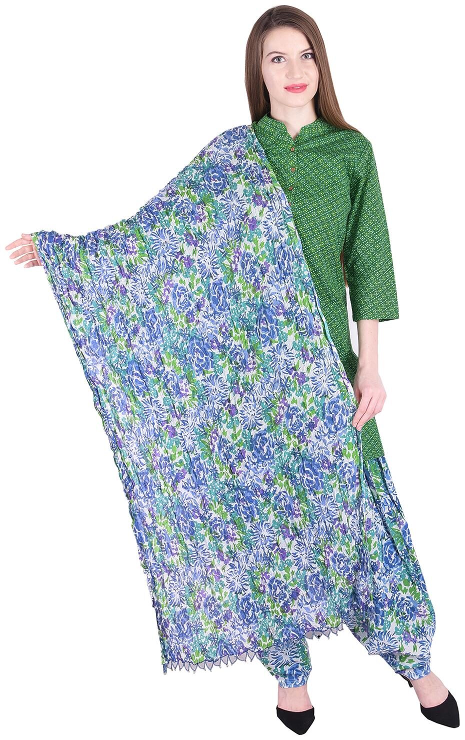 

Nascency Cotton Printed Mandarin Collar 3 4 Sleeve Straight Green Casual and Party Wear Women Kurti With Patiala And Dupatta