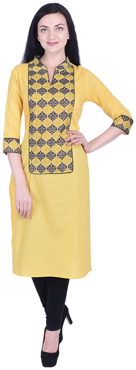 

Nascency Cotton Printed Mandarin Collar 3 4 Sleeve Straight Yellow Casual and Party Wear Women Kurti