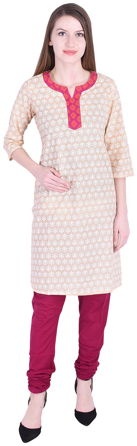 

Nascency Cotton Printed V-Neck 3 4 Sleeves Straight Light-Yellow Casual and Party Wear Women Kurti With Churidar