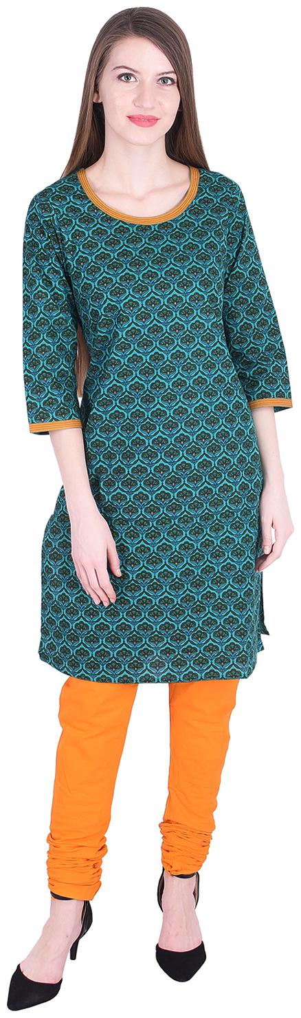 

Nascency Cotton Printed Round Neck 3 4 Sleeves Straight Green Mustard Casual and Party Wear Women Kurti With Churidar