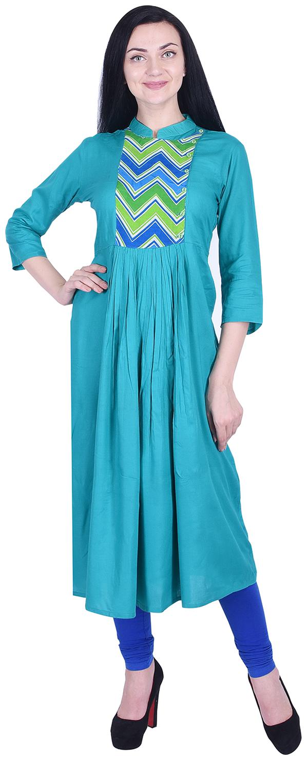 

Nascency Rayon Solid Round Neck 3 4 Sleeve Flared Turquoise Casual and Party Wear Women Kurti