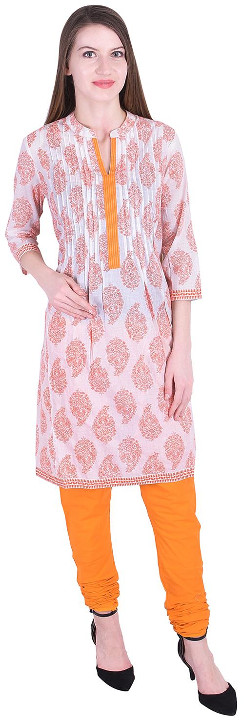 

Nascency Cotton Printed V-Neck 3 4 Sleeves Flared White Orange Casual and Party Wear Women Kurti With Churidar