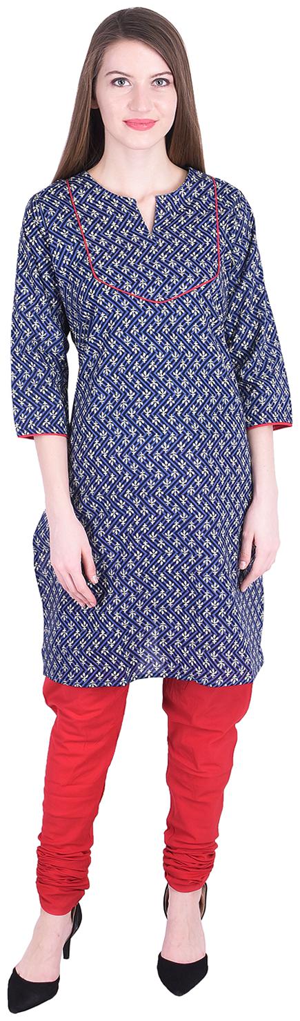 

Nascency Cotton Printed V-Neck 3 4 Sleeves Straight Blue Red Casual and Party Wear Women Kurti With Churidar