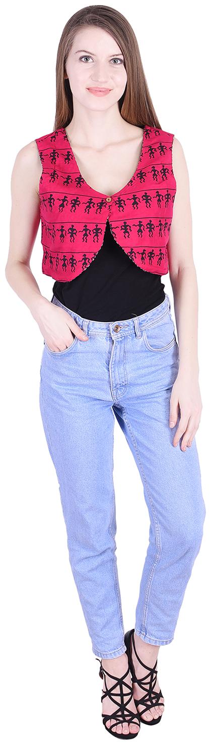 

Nascency Rayon Printed Round Neck Sleeveless Regular Pink Magenta Fuchsia Casual and Party Wear Women Jacket