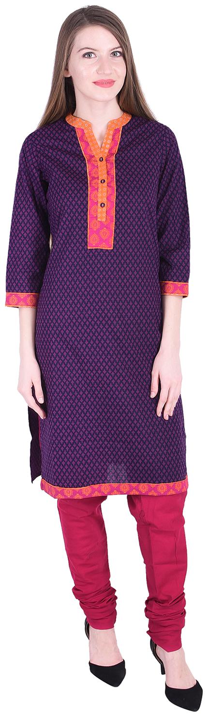 

Nascency Cotton Printed V-Neck 3 4 Sleeves Straight Purple Casual and Party Wear Women Kurti With Churidar