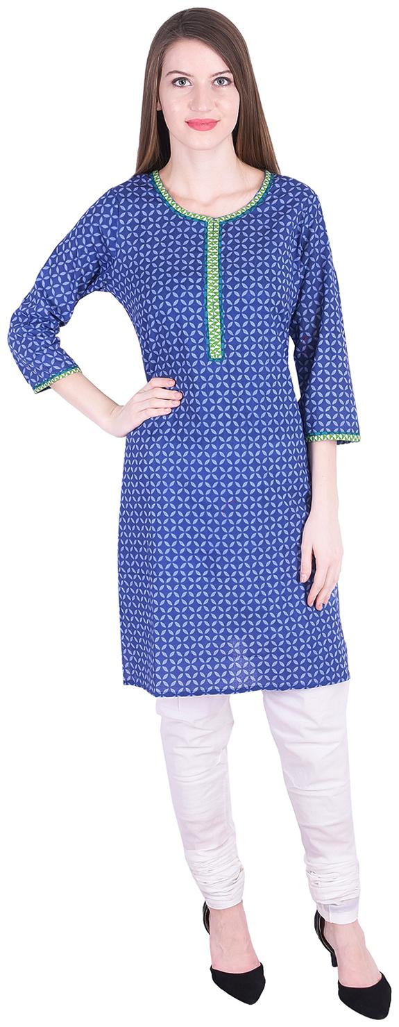 

Nascency Cotton Printed Round Neck 3 4 Sleeves Straight Blue White Casual and Party Wear Women Kurti With Churidar
