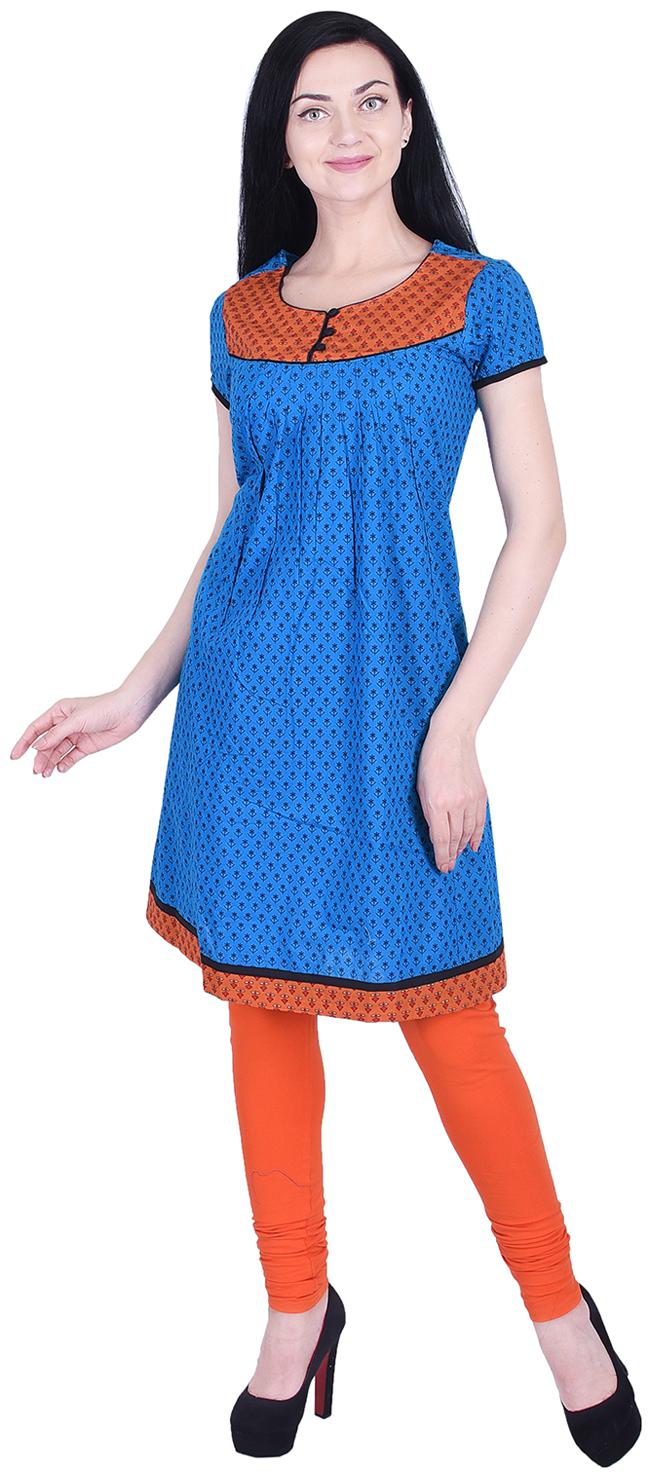 

Nascency Cotton Printed Round Neck Short Sleeves A-Line Blue Casual and Party Wear Women Kurti
