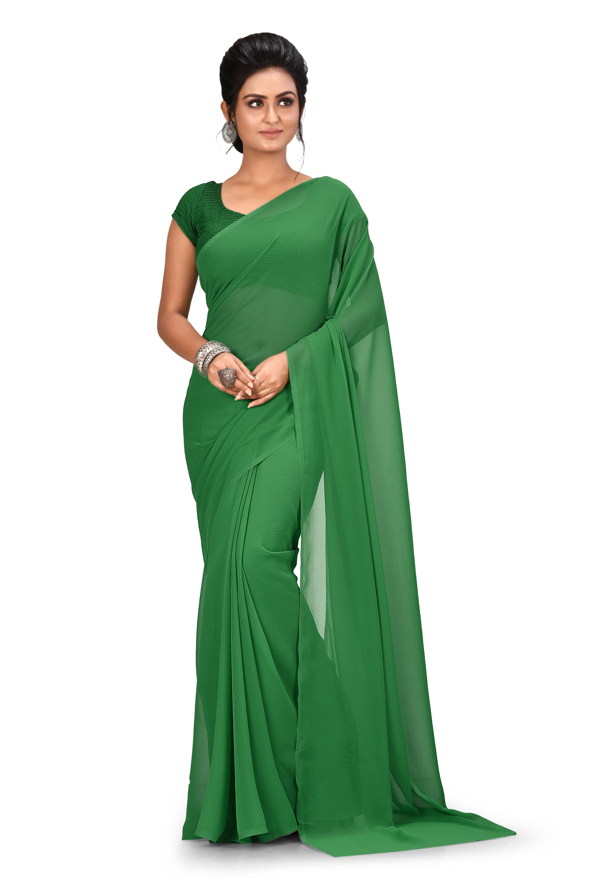 

Navarya Chiffon Solid Green Regular Saree For women