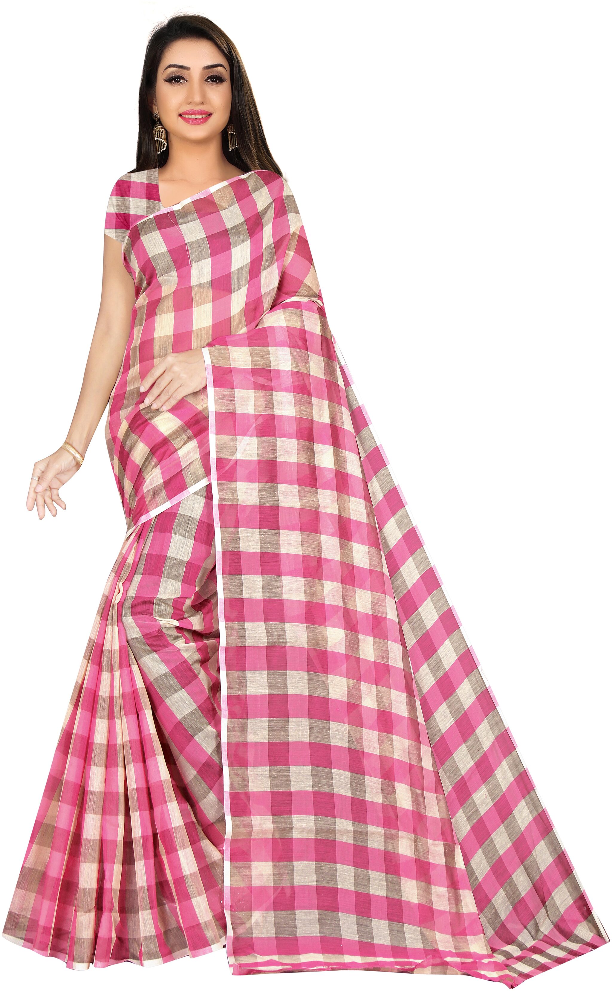 

Navarya Cotton Blend Checkered Pink Color Saree with Blouse