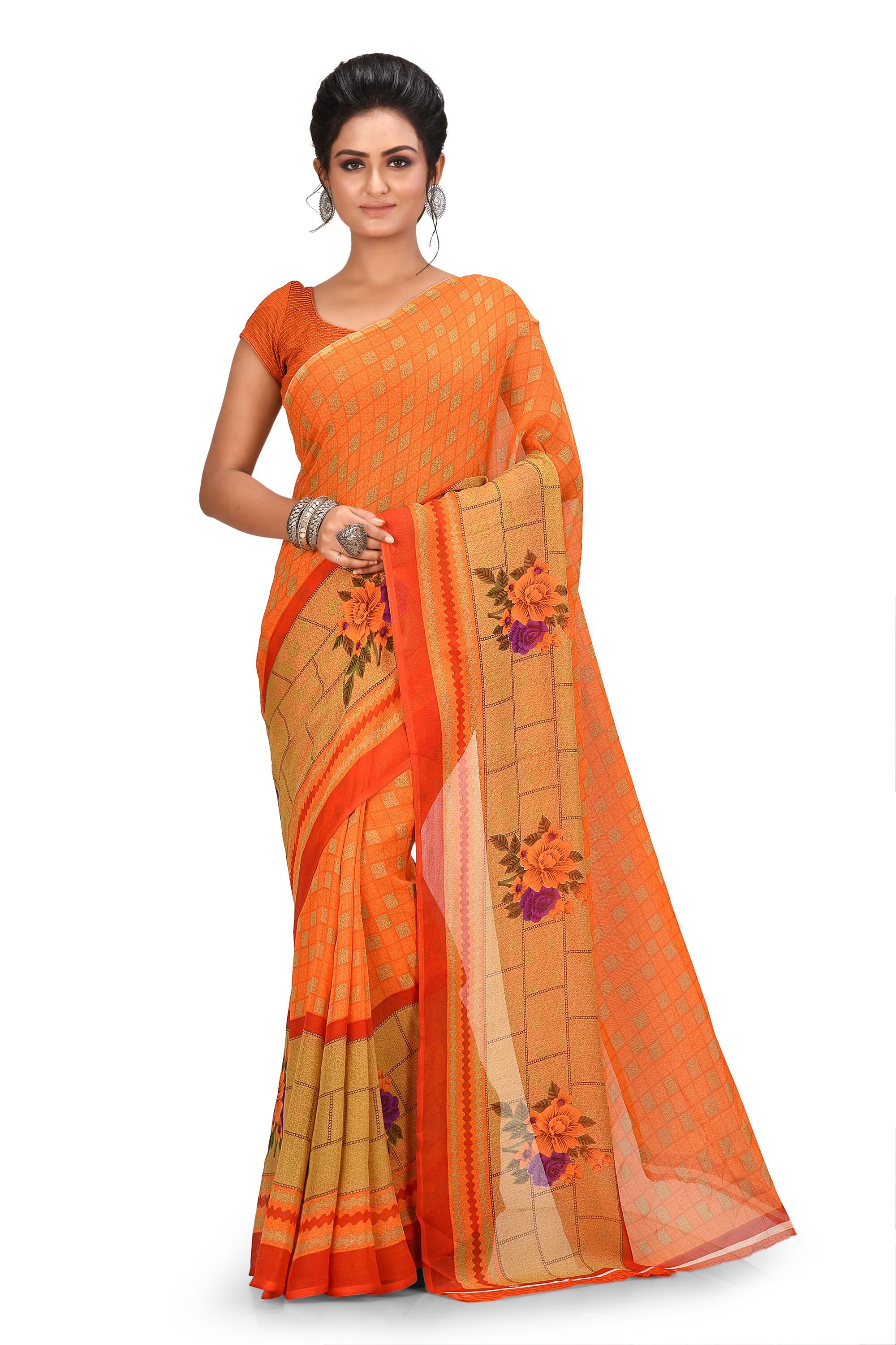 

Navarya Georgette Floral Orange Regular Saree For women