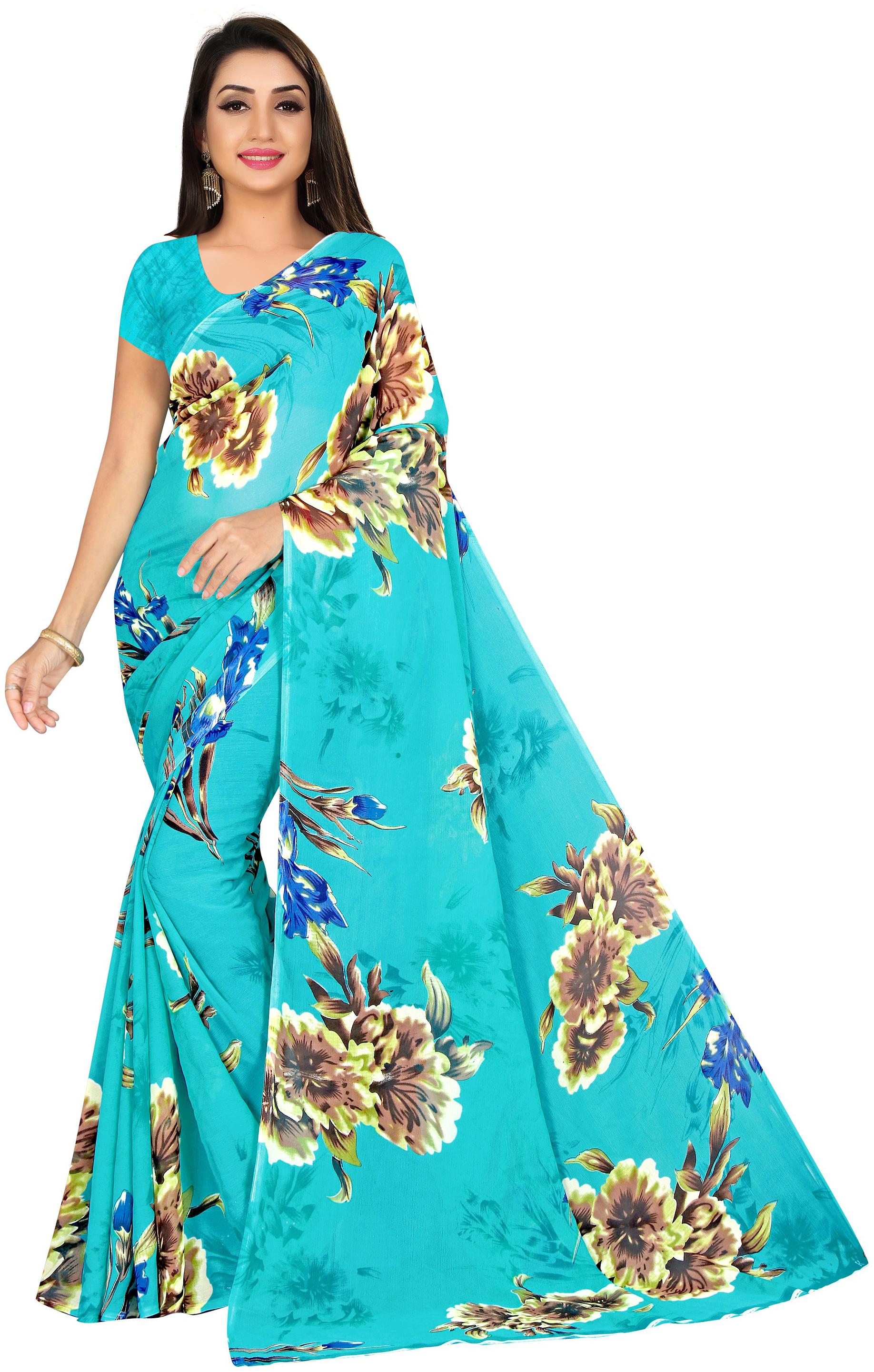 

Navarya Georgette Floral Turquoise Color Saree with Blouse
