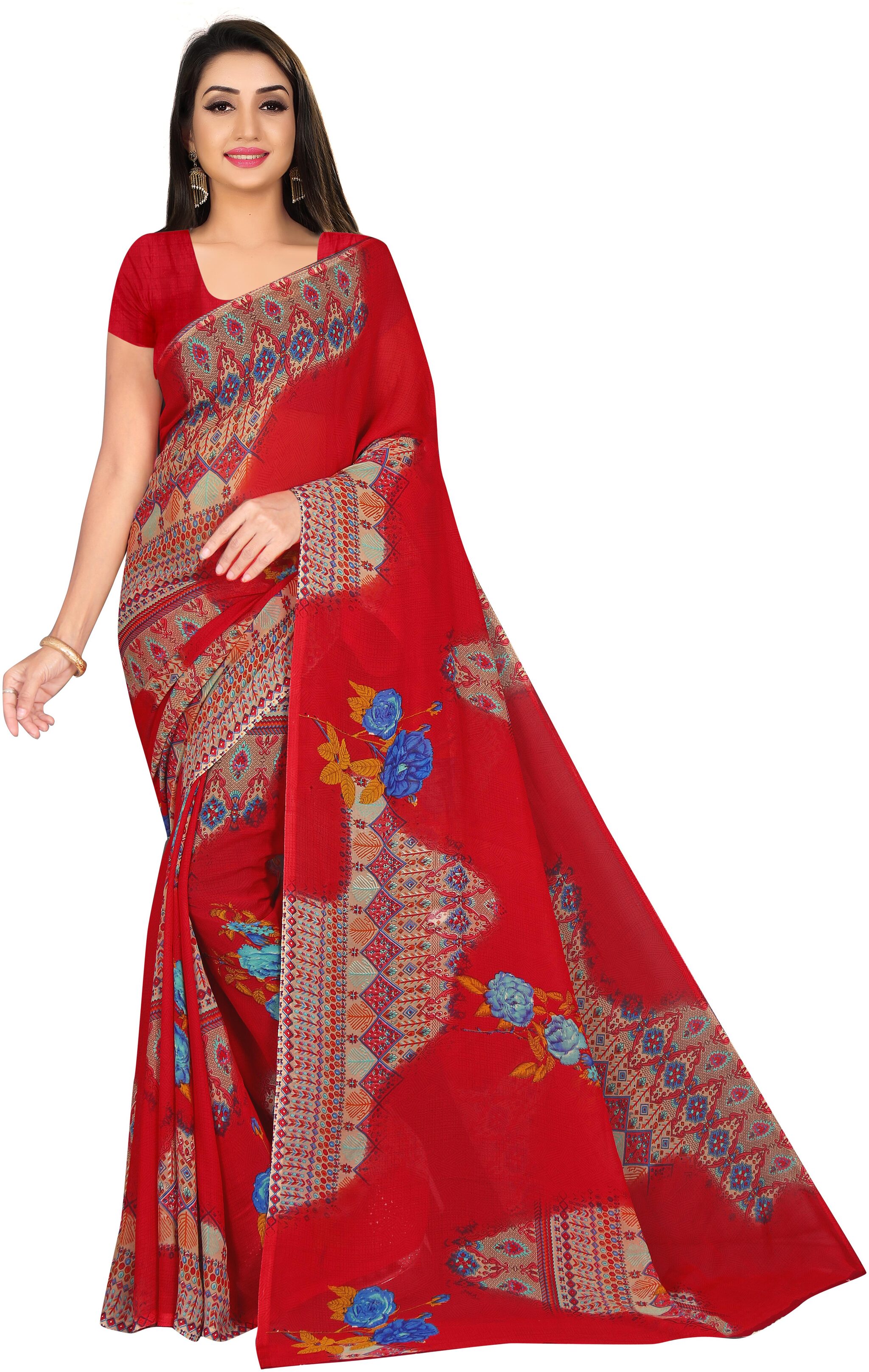 

Navarya Georgette Floral Red Color Saree with Blouse