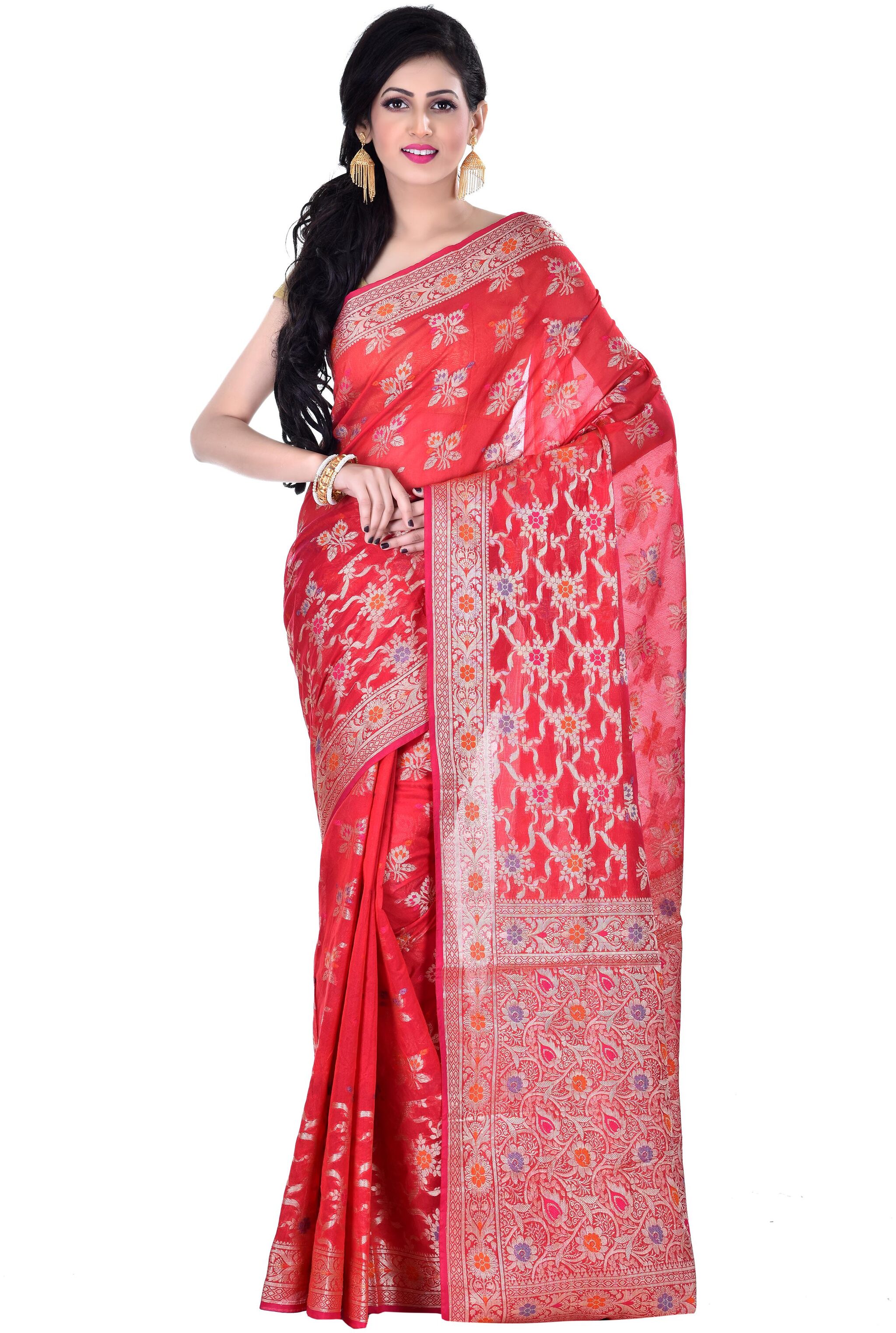 

Naveera Women Cotton Floral Red Regular Saree With Blouse