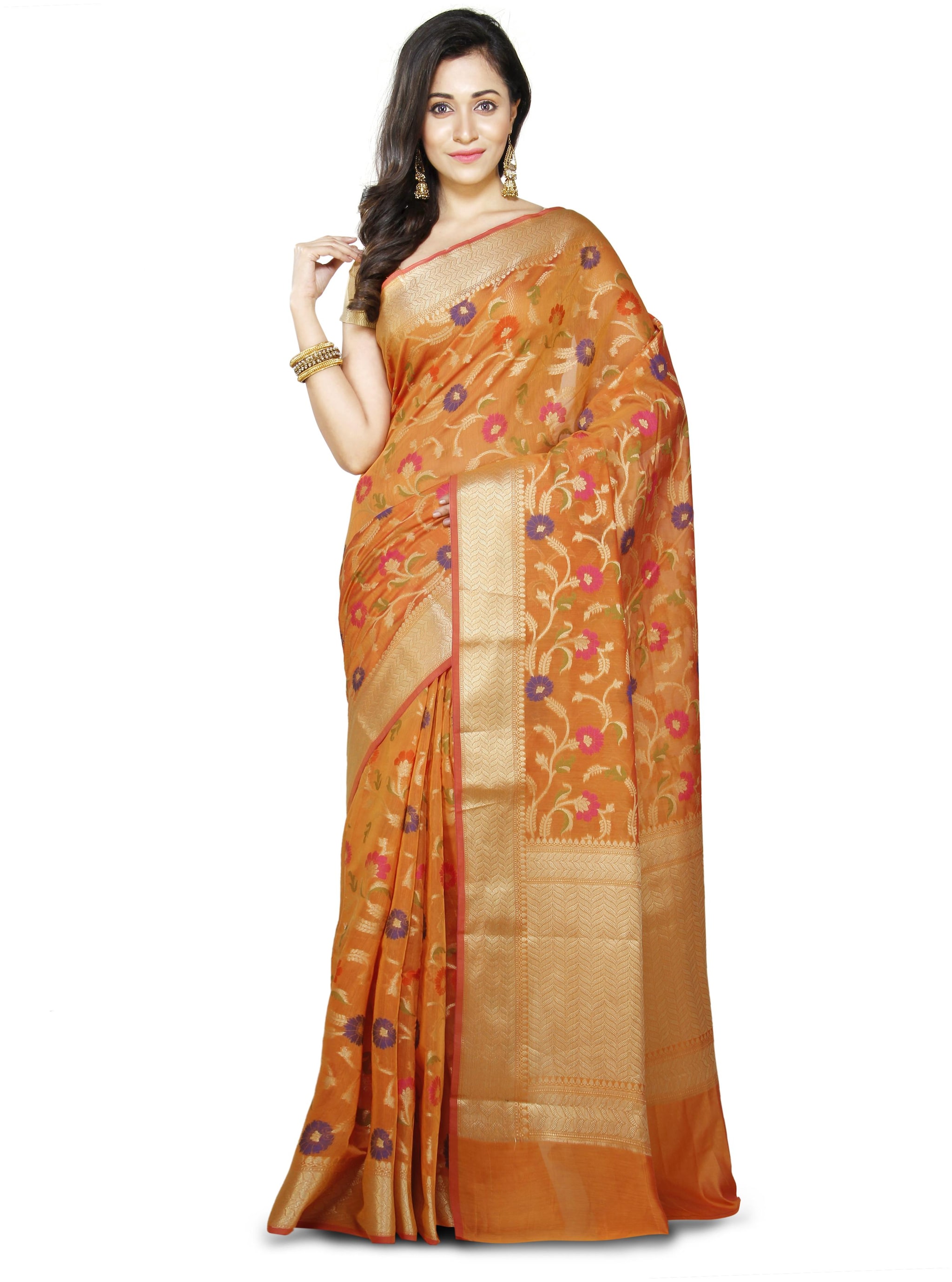 

Naveera Women Cotton Blend Floral Brown Regular Saree With Blouse
