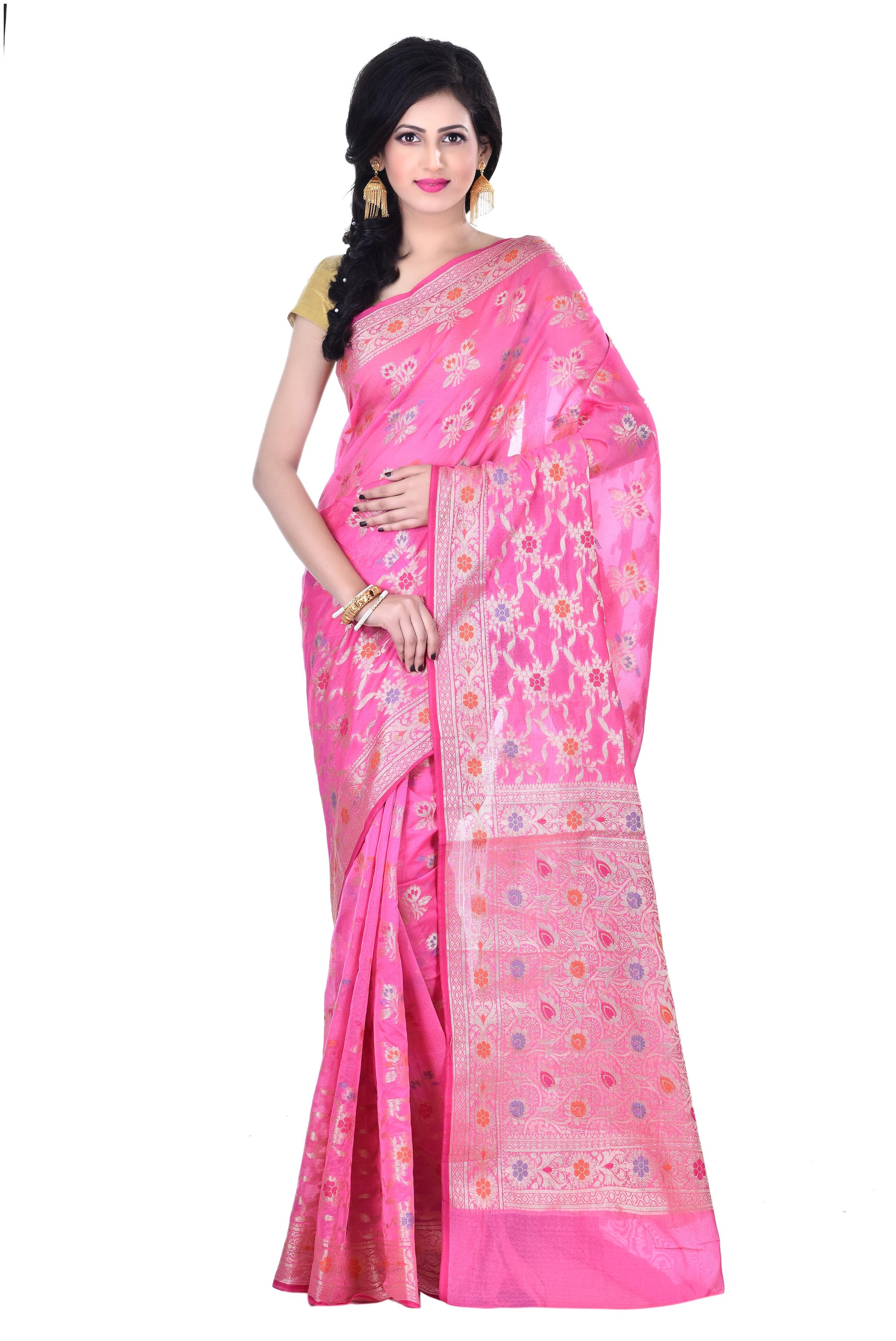 

Naveera Women Cotton Floral Pink Regular Saree With Blouse